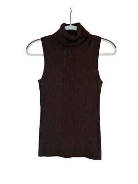 Cable & Gauge Large Brown Ribbed Knit Sleeveless Turtleneck Top Minimalist